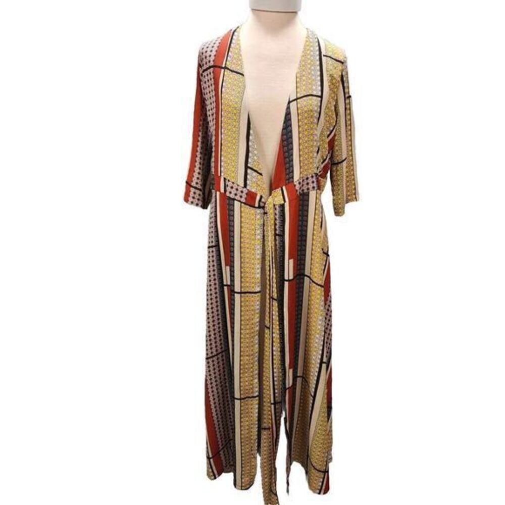 Woman's Duster Colorful Funky Abstract Patterns Ties At Waist Size Unknown Small